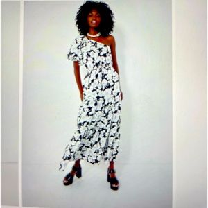 Black & while floral one shoulder midi dress from Hycinth House